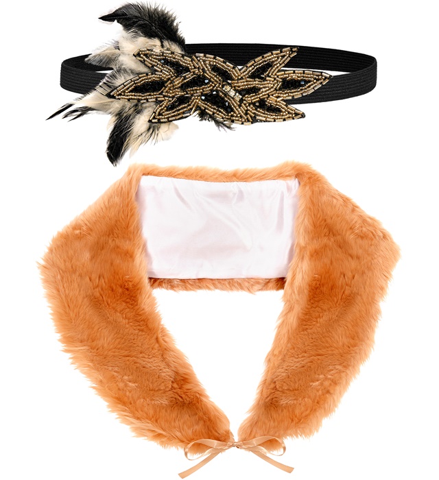 "CHARLESTON ANNEES 20 RUGISSANTES" (écharpe en fausse fourrure, paillettes et plumes)