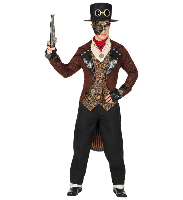 "STEAMPUNK" (manteau avec chemise et gilet, pantalon, ascot, gants sans doigts, chapeau haut de forme)
