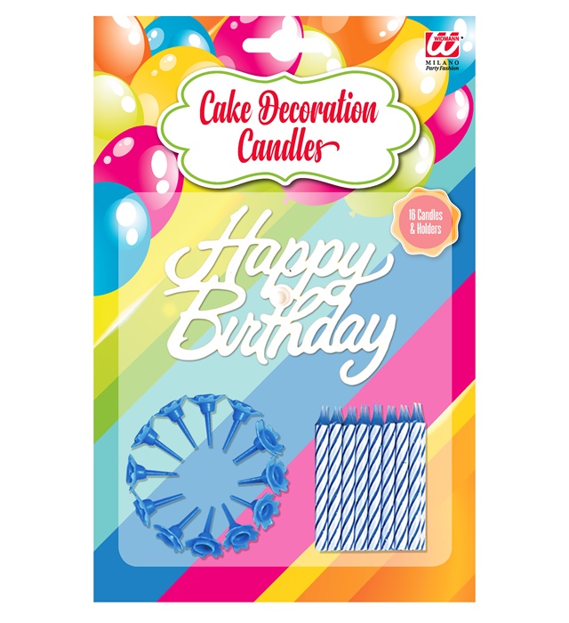 [08101] Set de "16 BOUGIE DECORATION GÂTEAU HAPPY BIRTHDAY AVEC SUPPORT" bleu