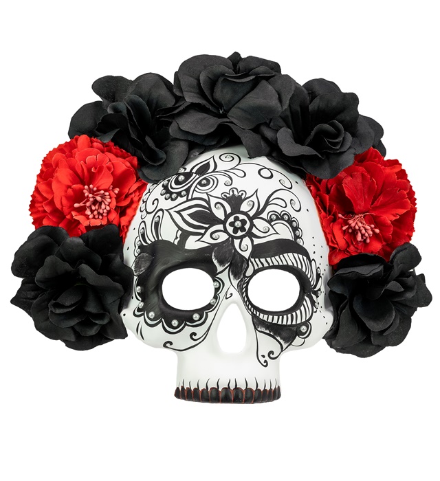 "DIA DE LOS MUERTOS MASQUE CRÂNE  AVEC ROSES NOIRES ET ROUGES"