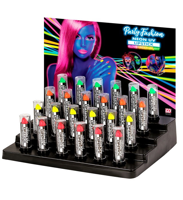 Boite Display avec "24 ROUGES A LEVRES FLUO" 6 ml - (6 x fluo rose, fluo jaune, fluo vert, fluo orange)