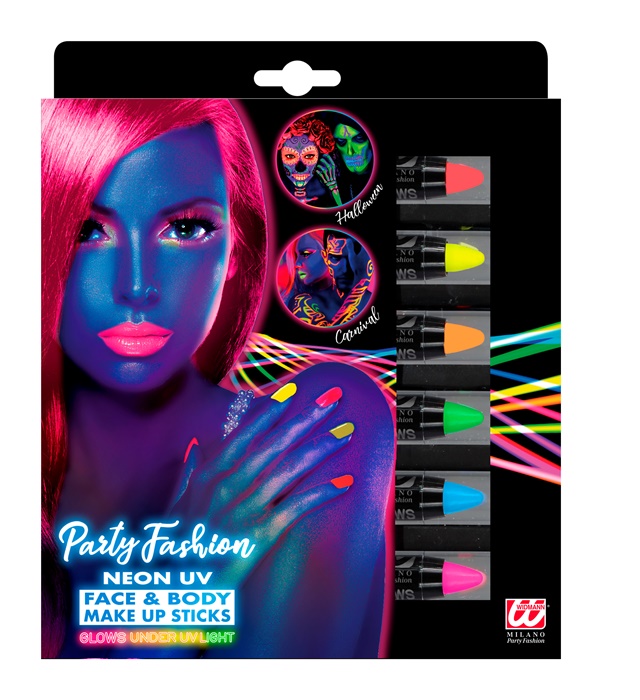 [09602] "SET AVEC 6 CRAYONS DE MAQUILLAGE FLUO EN BOITE AVEC FENETRE" (2 x fluo rose, 1 jaune, 1 orange, 1 vert, 1 bleu) - 21 ml