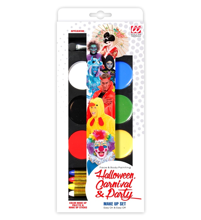 Set de "MAQUILLAGE HALLOWEEN, CARNAVAL & FETE EN BOITE AVEC FENETRE" (palette de 6 couleurs de maquillage 30 g (6 x 5g), 4 crayons de maquillage colorés 8,8 g (4 x 2,2 g), applicateur)