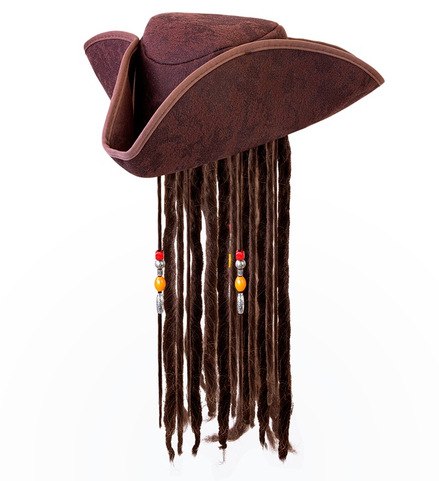 [09644] "TRICORNE PIRATE SIMILI CUIR AVEC CHEVEUX"