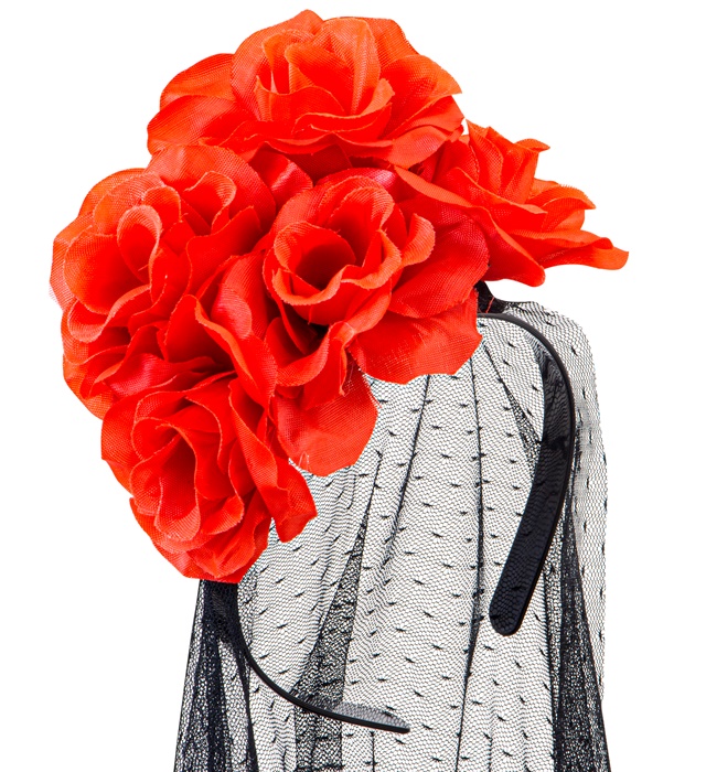 [09778] "COUVRE-CHEF VOILE NOIR AVEC ROSES ROUGES"