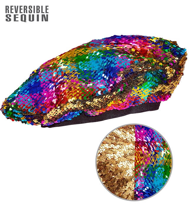 [10019] "BERET AVEC PAILLETTES ARC EN CIEL / OR REVERSIBLE"