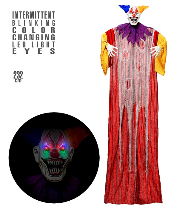 CLOWN EFFRAYANT AVEC YEUX CLAIRS LED LUMINEUX ET CLIGNOTANTS QUI CHANGENT DE COULEUR 232 cm
