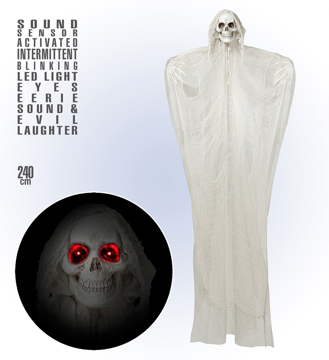 FAUCHEUSE AVEC YEUX CLAIRS LED CLIGNOTANTS PAR INTERMITTENCE, SONS EFFRAYANTS & RIRE DIABOLIQUE capteur sonore activé - 240 cm