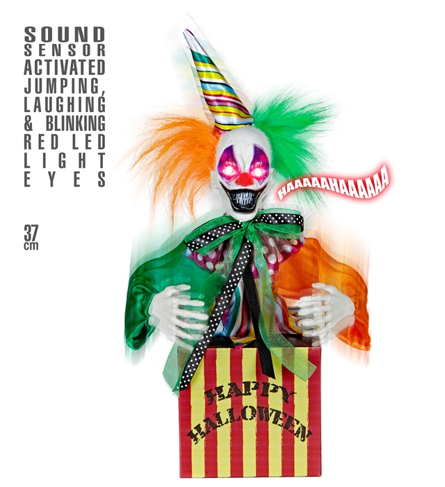 "BOITE AVEC CLOWN QUI SAUTE ET RIT AVEC DES YEUX LUMINEUX LED ROUGES QUI CLIGNOTENT ET MUSIQUE DE CIRQUE" activée par capteur de mouvement - 37 cm