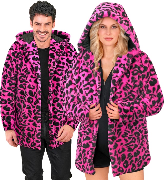 "MANTEAU AVEC CAPUCHE EN PELUCHE ANIMALIER LEOPARD ROSE FLUO"