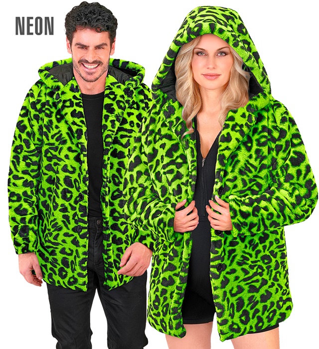"MANTEAU AVEC CAPUCHE EN PELUCHE ANIMALIER LEOPARD VERT FLUO"