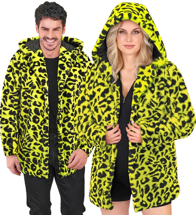 [11223] "MANTEAU AVEC CAPUCHE EN PELUCHE ANIMALIER LEOPARD JAUNE FLUO" (XXL)