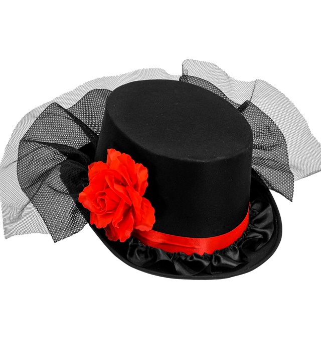 [11764] "CHAPEAU HAUT DE FORME AVEC TULLE ET ROSE" 12 cm