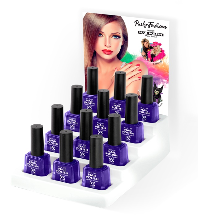 Présentoir de "12 VERNIS A ONGLES VIOLETS AMOVIBLES À BASE D'EAU" 8 ml