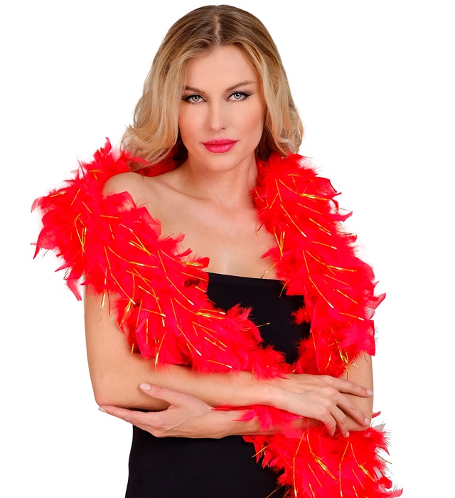 "BOA A PLUMES ROUGE AVEC GUIRLANDES OR" - 1,80 m - 80 g