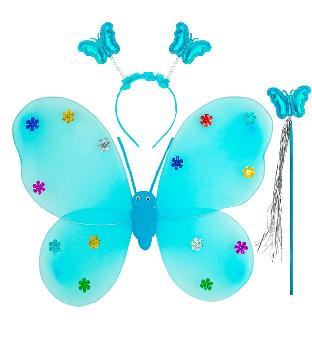 [12117] "SET PAPILLON BLUE" (ailes, chapeau, baguette magique)