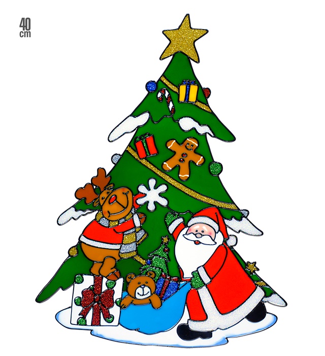 "VITROPHANIE SAPIN DE NOEL AVEC PERE NOEL ET RENNE" 40 cm