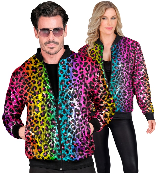 [12416] "BOMBER PARTY FASHION" (bomber à paillettes animalier léopard arc-en-ciel) (XXL)