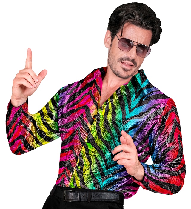 [12489] "CHEMISE PARTY FASHION" (chemise à paillettes animalier tigre arc-en-ciel) (XXL)