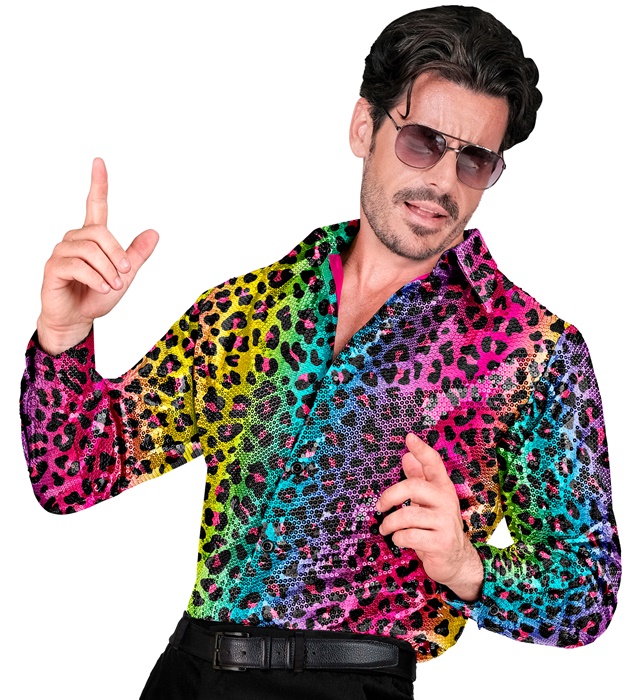 [12499] "CHEMISE PARTY FASHION" (chemise à paillettes animalier léopard arc-en-ciel) (XXL)