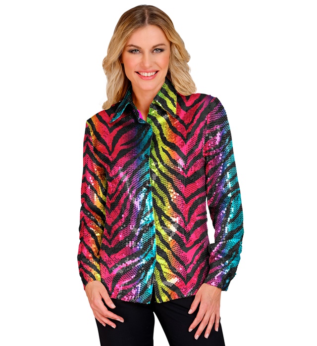 [12649] "CHEMISE PARTY FASHION" (chemise à paillettes animalier tigre arc-en-ciel) (XXL)