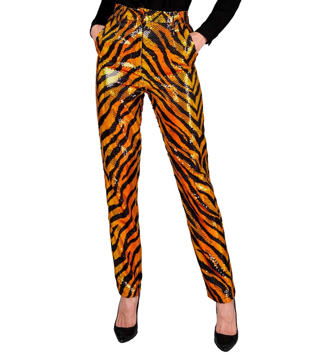 "PANTALON PARTY FASHION" (pantalon à paillettes animalier tigre)