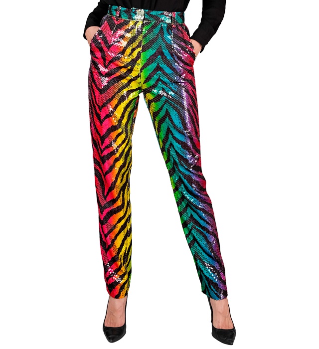 [12911] "PANTALON PARTY FASHION" (pantalon à paillettes animalier tigre arc-en-ciel) (S)