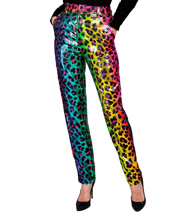 [12921] "PANTALON PARTY FASHION" (pantalon à paillettes animalier léopard arc-en-ciel) (S)