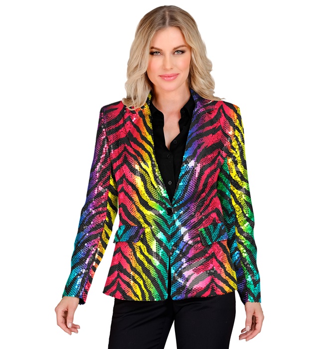"VESTE PARTY FASHION" (veste à paillettes animalier tigre arc-en-ciel)