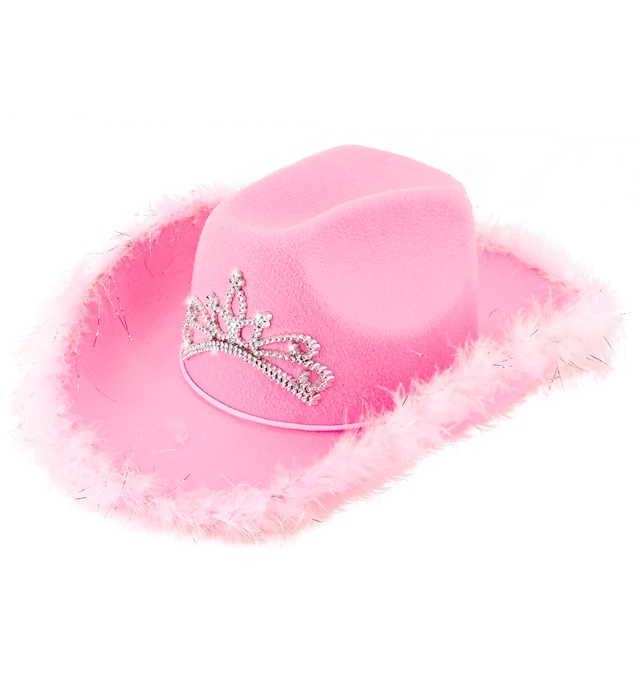Feutre "CHAPEAU DE COWGIRL ROSE" avec tiare et bordure en plumes avec guirlandes argent