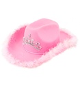Feutre "CHAPEAU DE COWGIRL ROSE" avec tiare et bordure en plumes avec guirlandes argent
