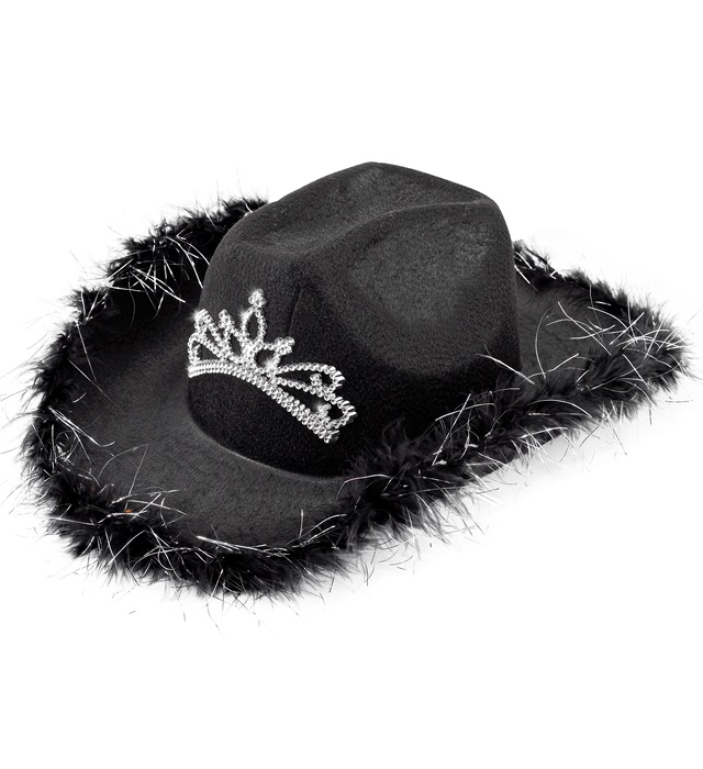 [14153] Feutre "CHAPEAU DE COWGIRL NOIR" avec tiare et bordure en plumes avec guirlandes argent