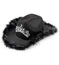 Feutre "CHAPEAU DE COWGIRL NOIR" avec tiare et bordure en plumes avec guirlandes argent