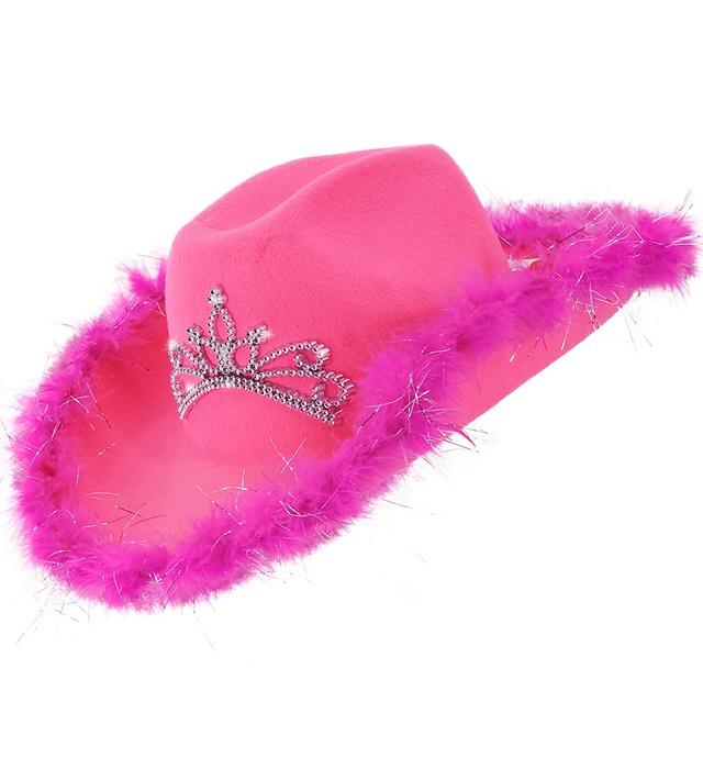 [1415G] "CHAPEAU COWGIRL ROSE" avec tiare et bordure en plumes avec guirlandes argent - en feutre