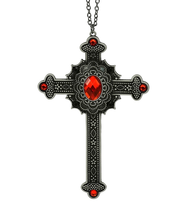 "COLLIER CROIX GOTHIQUE GEMMES ROUGES"