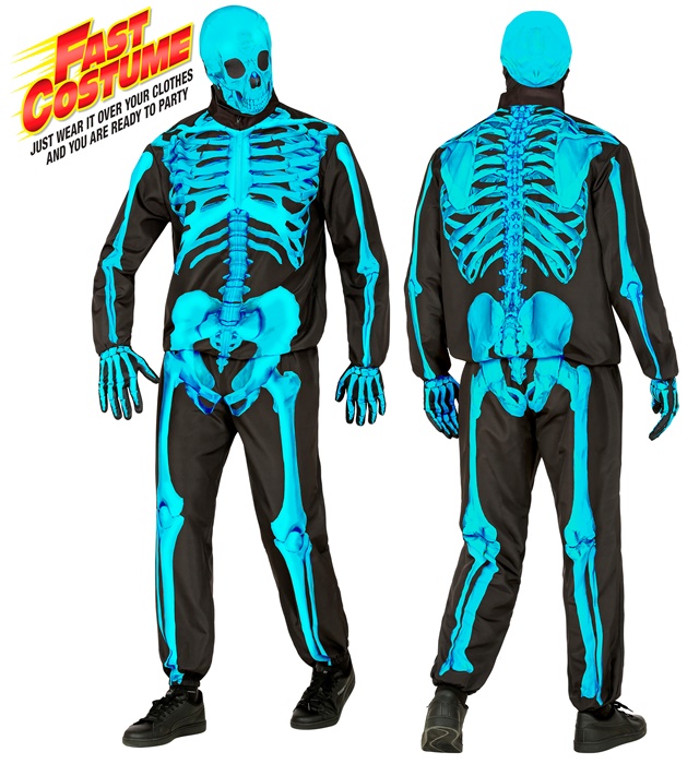"SQUELETTE FLUORESCENT FAST COSTUME" (veste, pantalon, gants, masque)