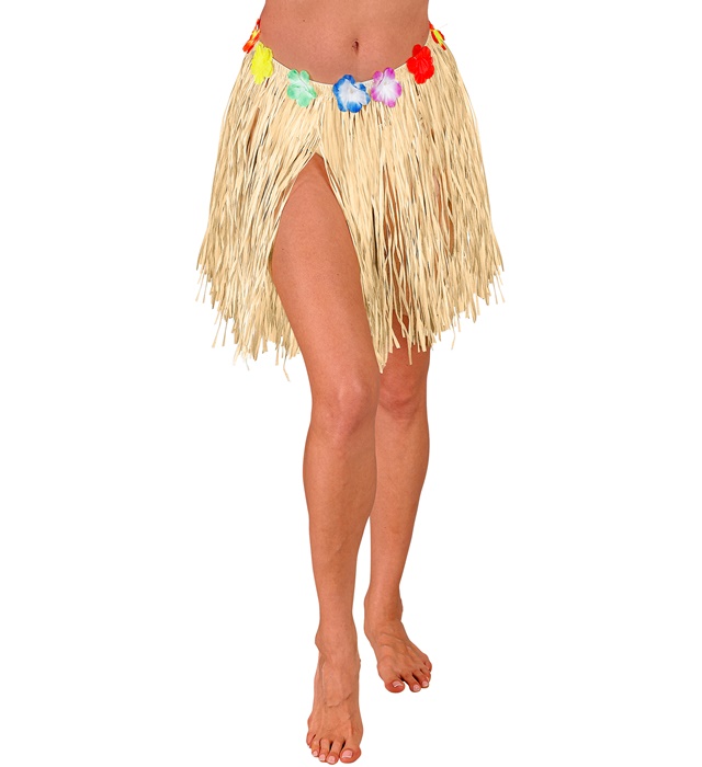 "MINIJUPE HAWAIENNE ET PAILLE AVEC CEINTURE FLEURS" 40 cm - taille ajustable