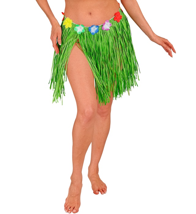 "MINIJUPE HAWAIENNE VERTE ET PAILLE  AVEC CEINTURE FLEURS" 40 cm - taille ajustable