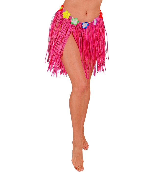 "MINIJUPE HAWAIENNE ROSE ET PAILLE  AVEC CEINTURE FLEURS " 40 cm - taille ajustable