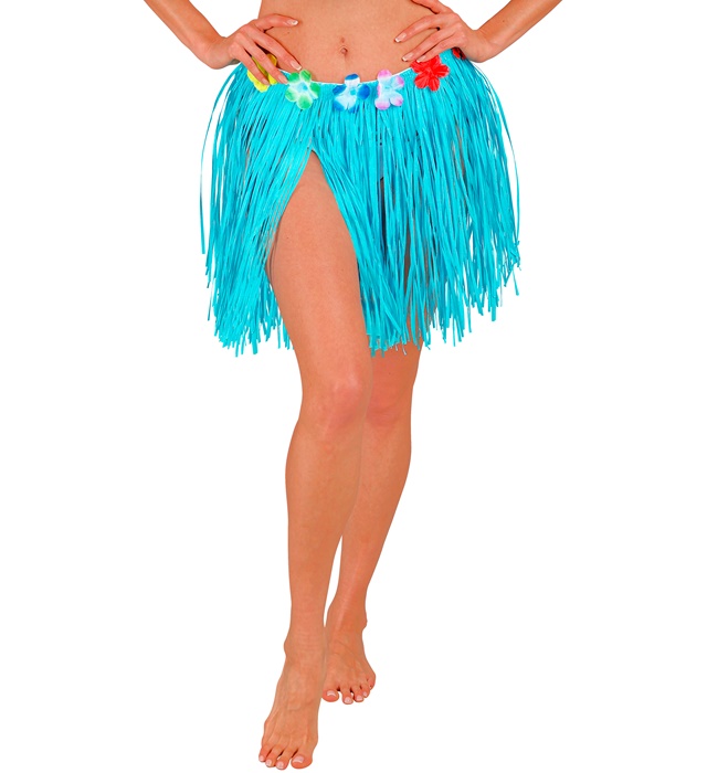 "MINIJUPE HAWAIENNE AZUR ET PAILLE  AVEC CEINTURE FLEURS" 40 cm - taille ajustable