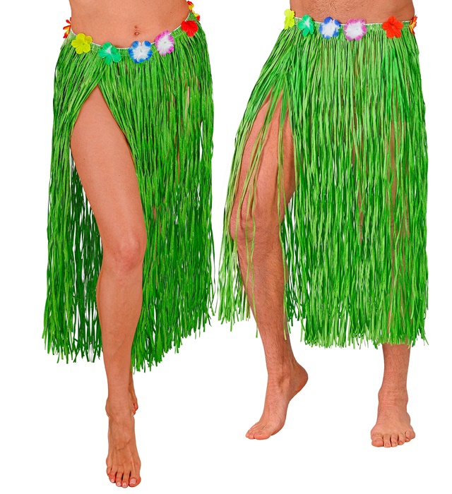 "JUPE HAWAIENNE VERTE ET PAILLE AVEC CEINTURE FLEURS" 80 cm - taille ajustable