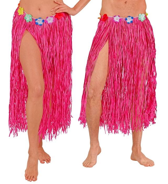 "JUPE HAWAIENNE ROSE ET PAILLE AVEC CEINTURE FLEURS" 80 cm - taille ajustable