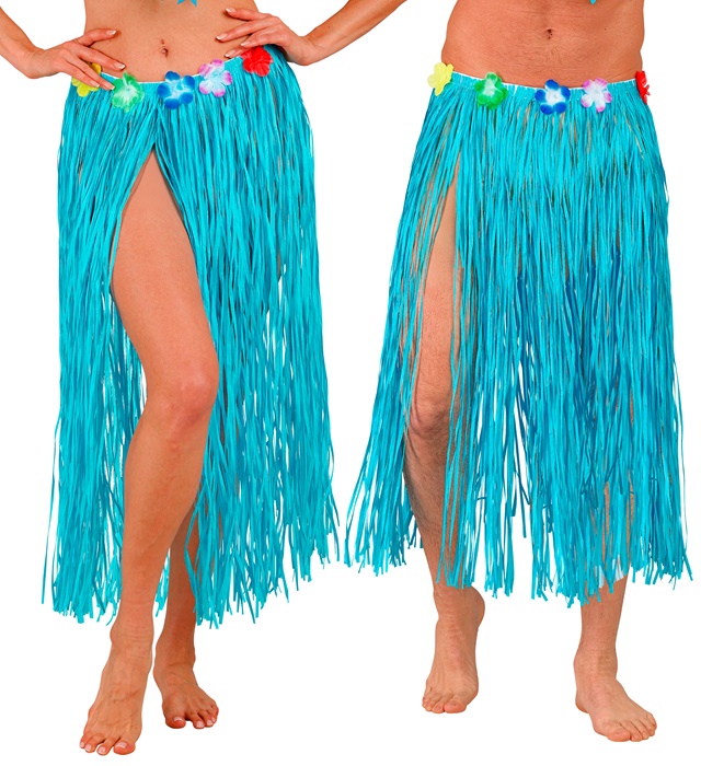 "JUPE HAWAIENNE AZUR ET PAILLE AVEC CEINTURE FLEURS" 80 cm - taille ajustable