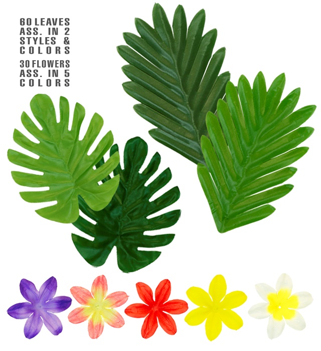 "SET DE DECORATION DE TABLEHAWAIEN" (60 feuilles assorties en 2 styles et couleurs + 30 fleurs assorties en 5 couleurs)