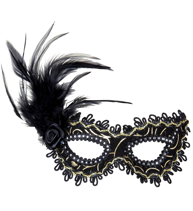 "LOUP NOIR AVEC ROSE, PLUMES ET PARTIES DOREES"