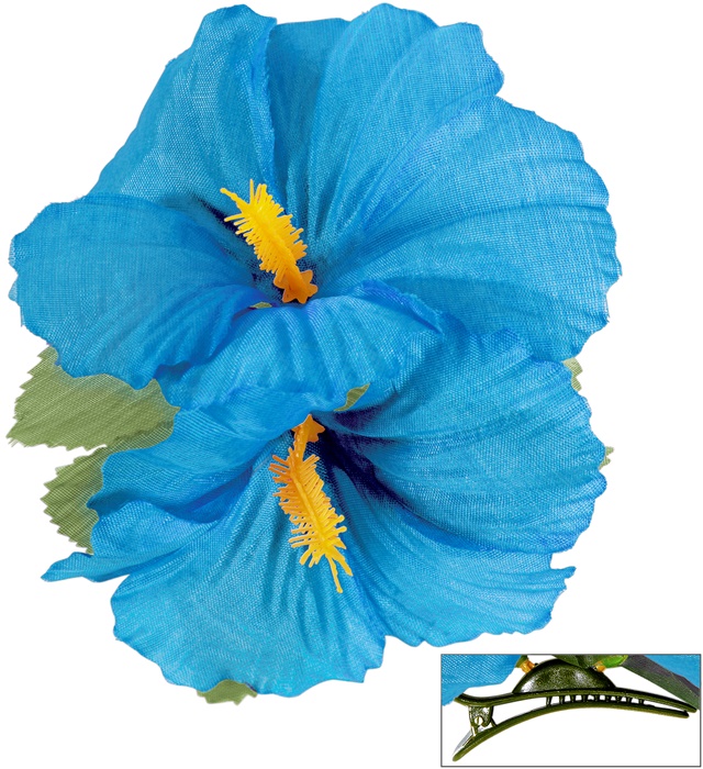 "EPINGLE AVEC 2 FLEURS HIBISCUS BLEUES CLAIRES"