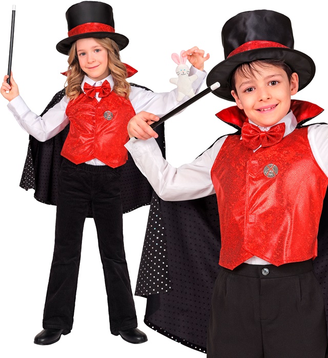 "MAGICIEN" (gilet, noeud papillon, manteau, chapeau avec compartiment caché, baguette magique, pièce de monnaie, lapin)