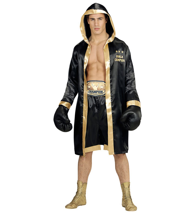 "CHAMPION DU MONDE DE BOXE" (peignoir à capuche, short, ceinture, gants de boxe)