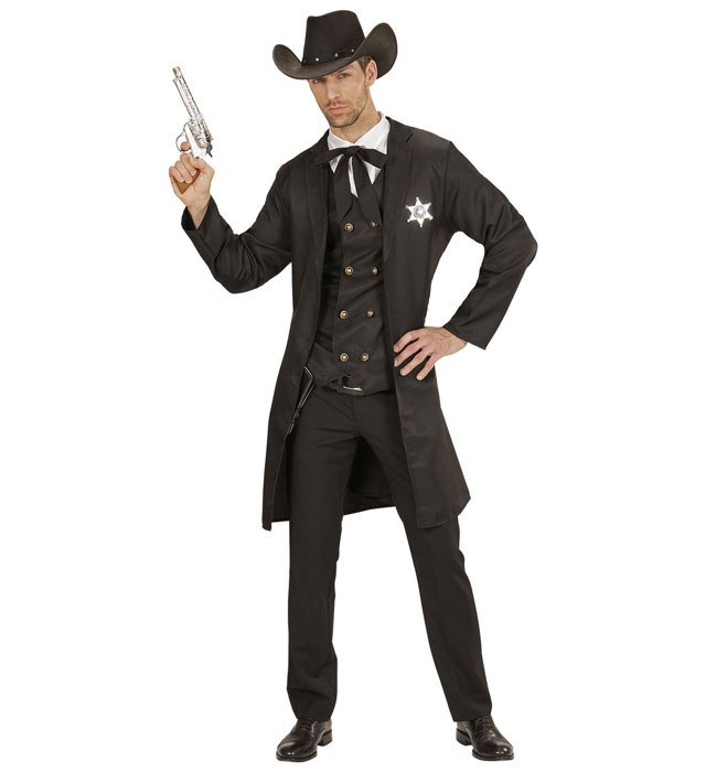 "SHERIFF" (long manteau, gilet, fausse chemise, cravate ficelle)