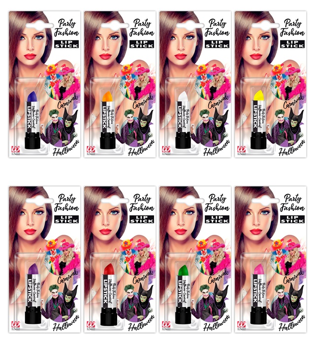 "ROUGE A LEVRES" - 6 ml- 8 couleurs ass.: rouge, orange, jaune, vert, bleu, violet, rose, blanc